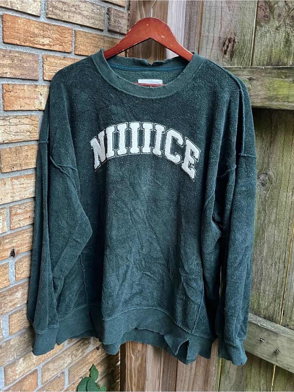 Aerie Oversized Dark Green Crewneck Sweatshirt with White 'NIIICE' Lettering
